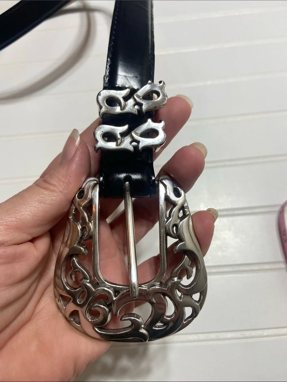 VTG Barse Santa Rosa Black Leather Belt Womans XL Ornate Silver Buckle 1997